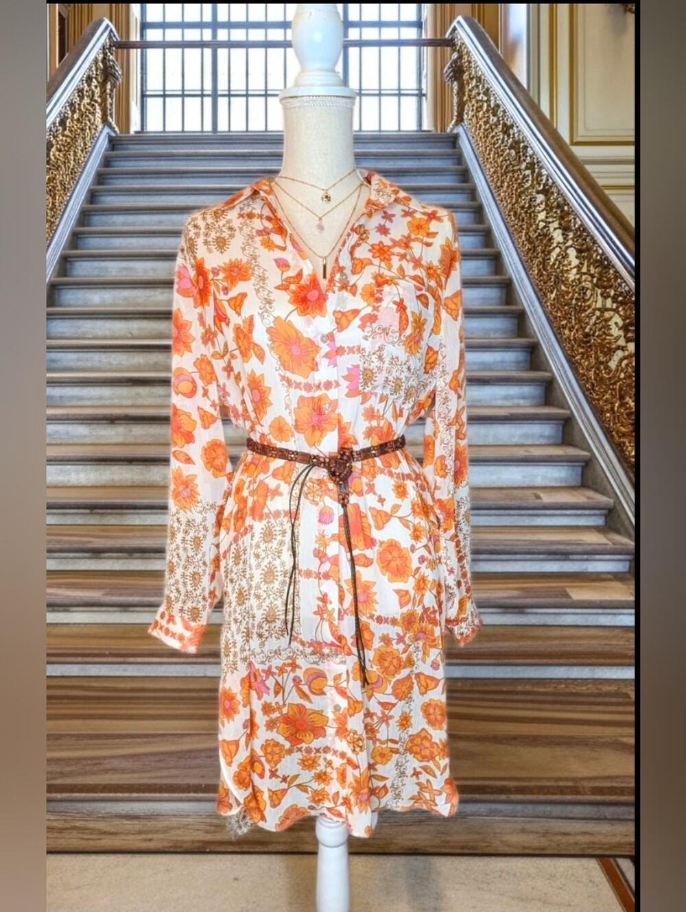 Rose & Olive Orange and White Floral Long Sleeve Shirt Dress